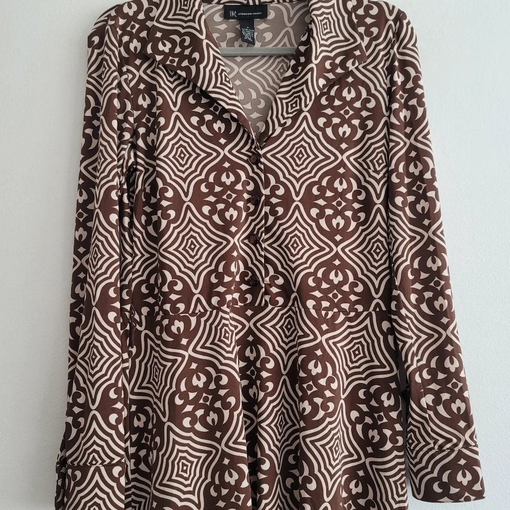 INC Size Medium Retro Floral Medallion Brown Long Sleeve Chunky Button Dress